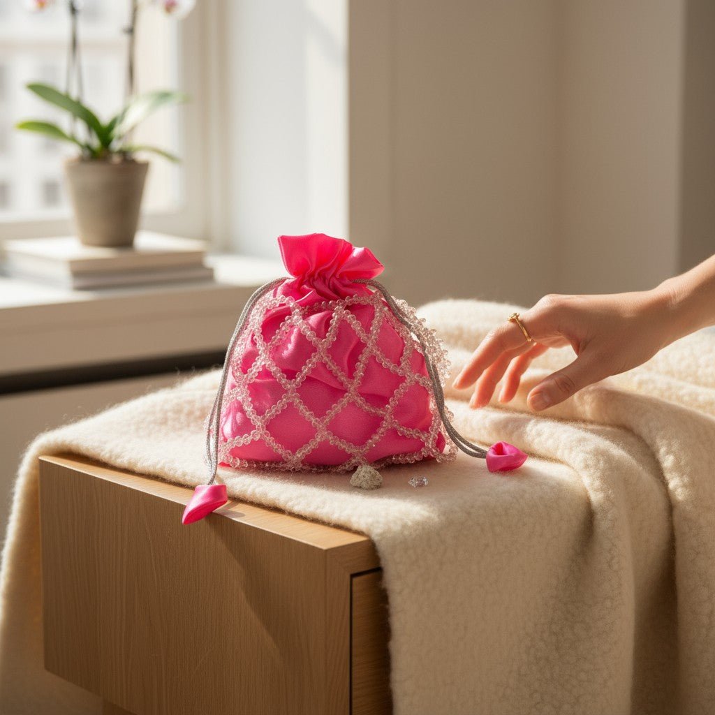 Rose Glow Pearl Potli Bag – Handcrafted Pink Designer Handbag for Women - Prisello