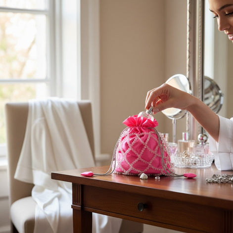 Rose Glow Pearl Potli Bag – Handcrafted Pink Designer Handbag for Women - Prisello