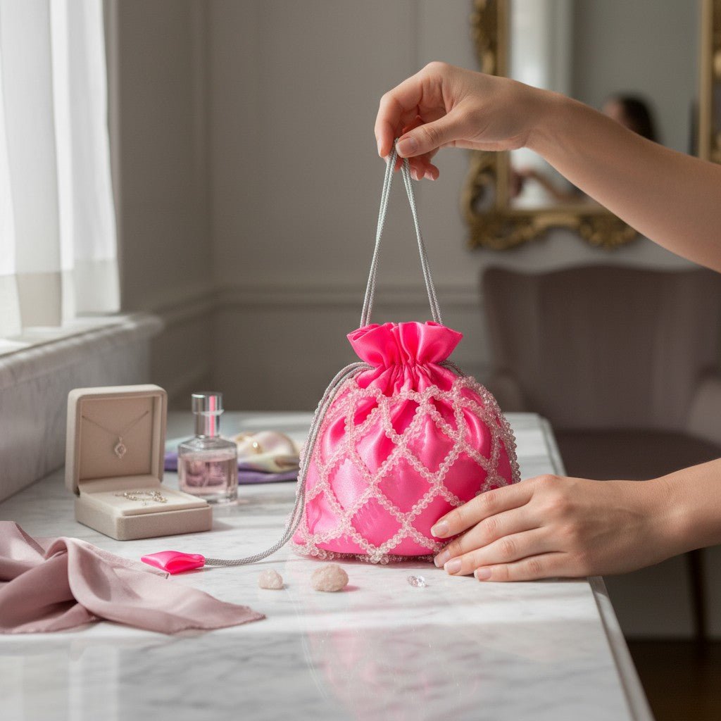 Rose Glow Pearl Potli Bag – Handcrafted Pink Designer Handbag for Women - Prisello