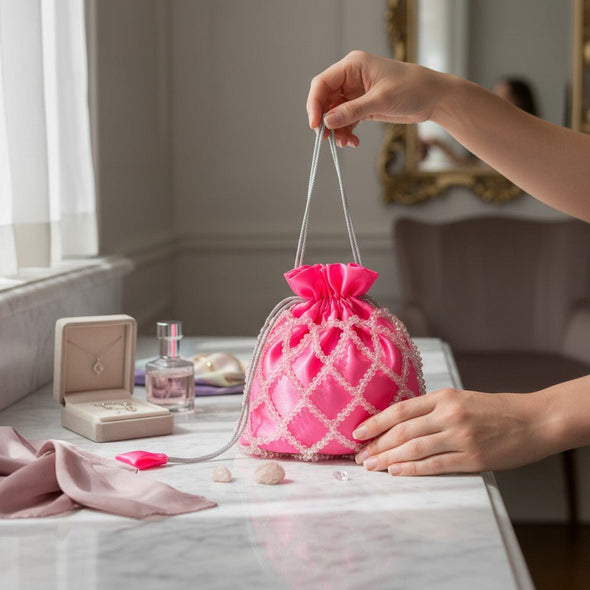 Rose Glow Pearl Potli Bag – Handcrafted Pink Designer Handbag for Women - Prisello