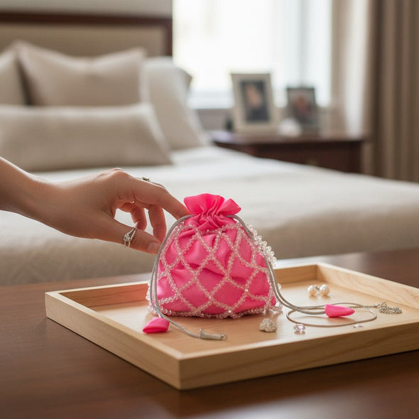 Rose Glow Pearl Potli Bag – Handcrafted Pink Designer Handbag for Women - Prisello