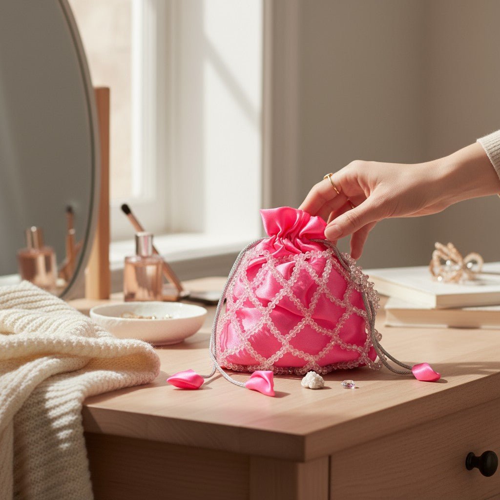 Rose Glow Pearl Potli Bag – Handcrafted Pink Designer Handbag for Women - Prisello