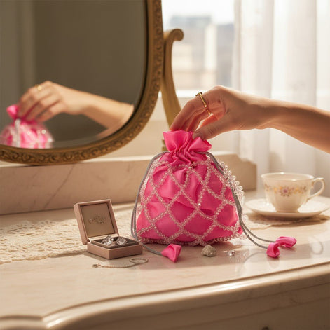 Rose Glow Pearl Potli Bag – Handcrafted Pink Designer Handbag for Women - Prisello