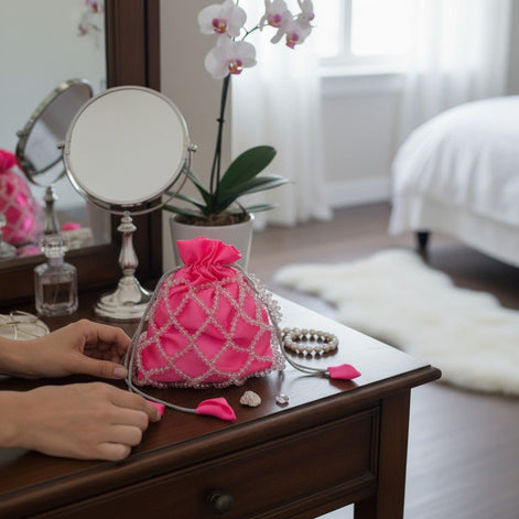 Rose Glow Pearl Potli Bag – Handcrafted Pink Designer Handbag for Women - Prisello