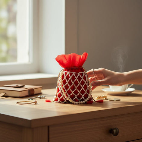 Royal Ruby Pearl Potli Bag – Handmade Red Designer Handbag for Women - Prisello