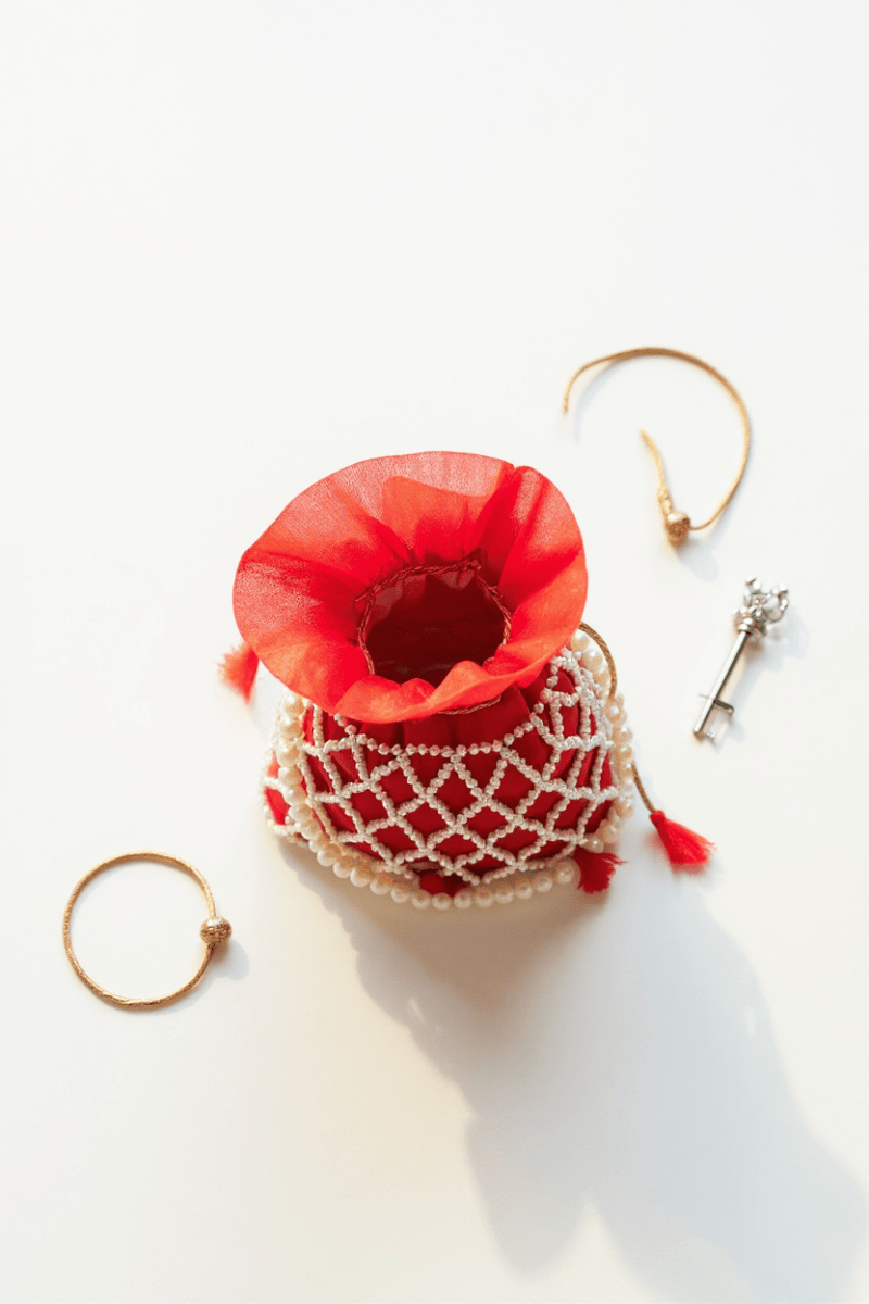 Royal Ruby Pearl Potli Bag – Handmade Red Designer Handbag for Women - Prisello