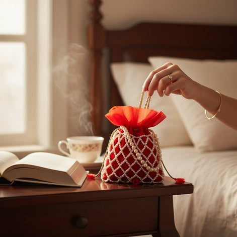 Royal Ruby Pearl Potli Bag – Handmade Red Designer Handbag for Women - Prisello