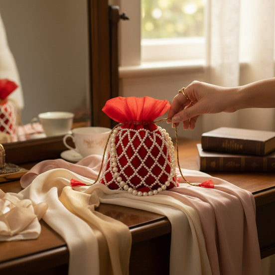 Royal Ruby Pearl Potli Bag – Handmade Red Designer Handbag for Women - Prisello