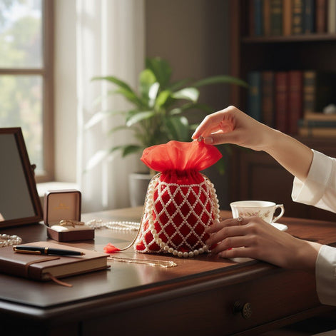 Royal Ruby Pearl Potli Bag – Handmade Red Designer Handbag for Women - Prisello