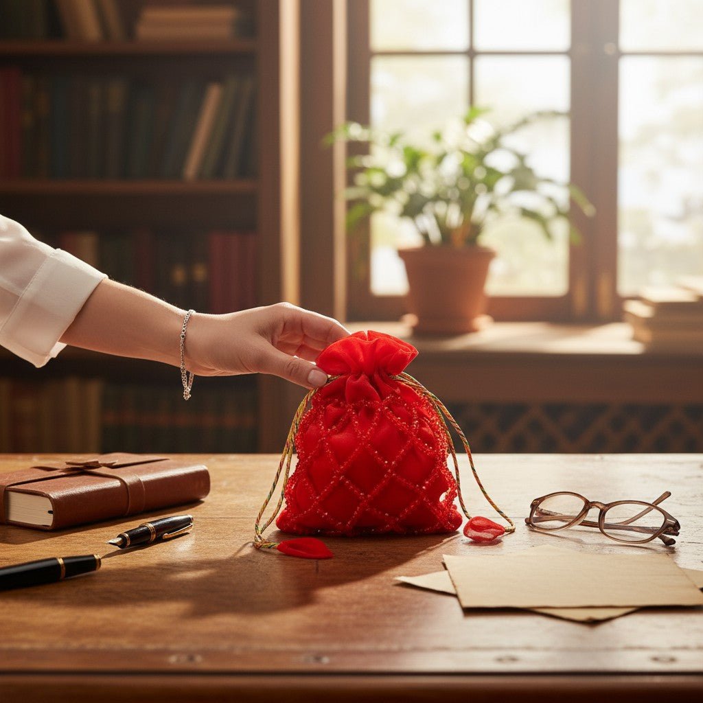 Ruby Radiance Crystal Potli Bag – Handcrafted Red Velvet Potli for Women - Prisello