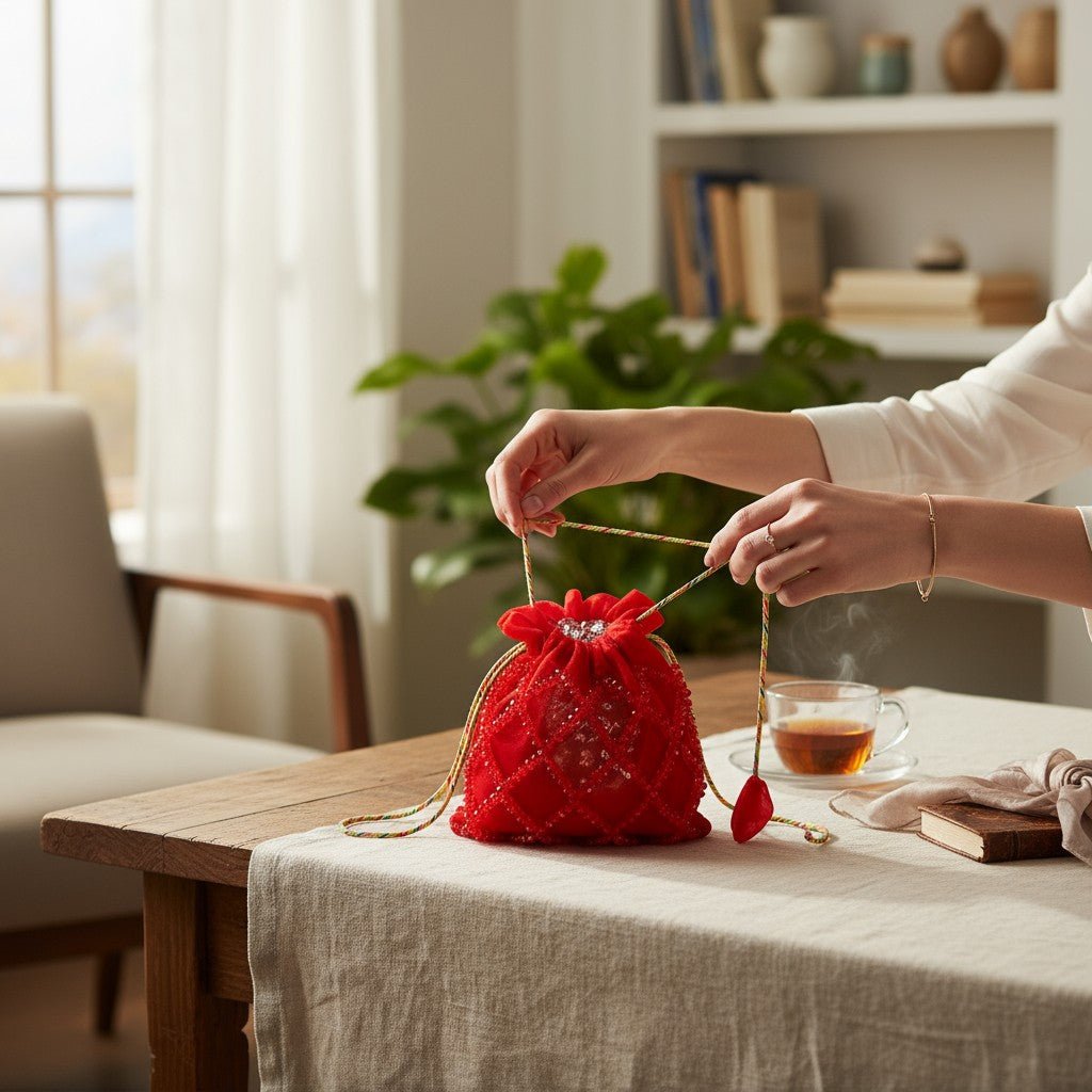 Ruby Radiance Crystal Potli Bag – Handcrafted Red Velvet Potli for Women - Prisello