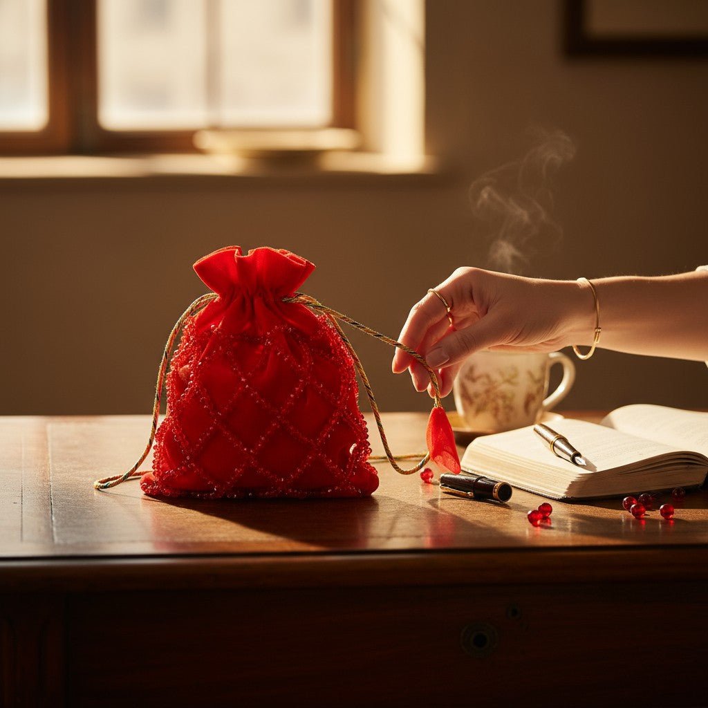 Ruby Radiance Crystal Potli Bag – Handcrafted Red Velvet Potli for Women - Prisello