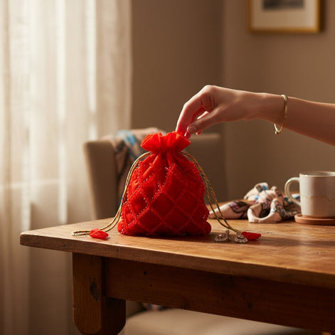 Ruby Radiance Crystal Potli Bag – Handcrafted Red Velvet Potli for Women - Prisello