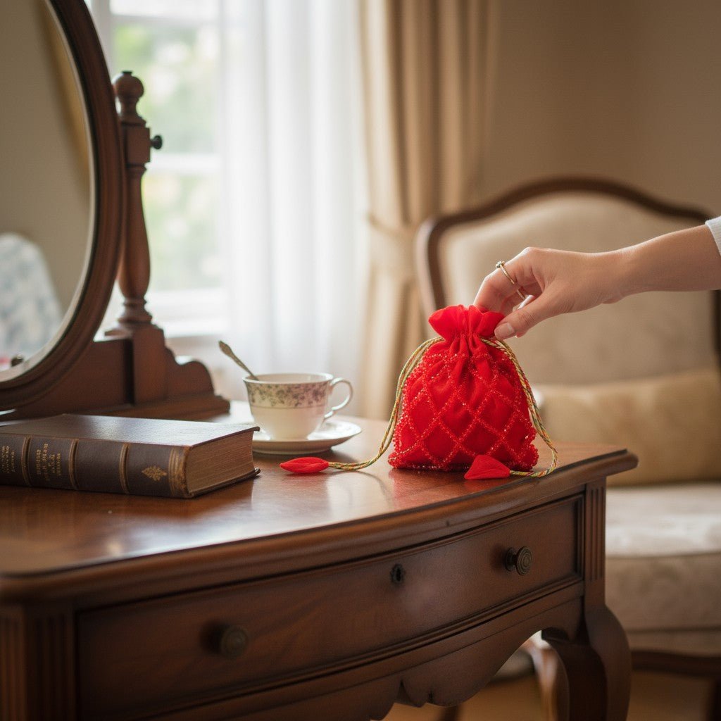 Ruby Radiance Crystal Potli Bag – Handcrafted Red Velvet Potli for Women - Prisello