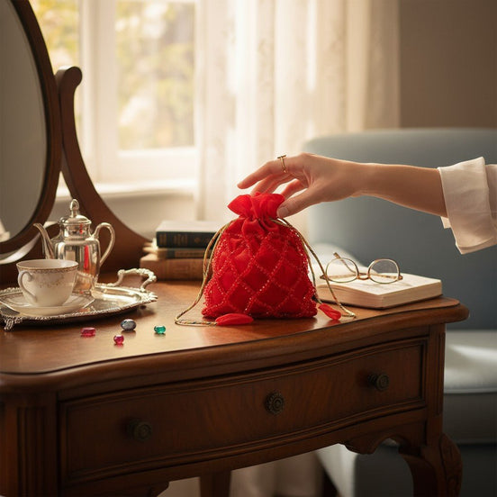 Ruby Radiance Crystal Potli Bag – Handcrafted Red Velvet Potli for Women - Prisello