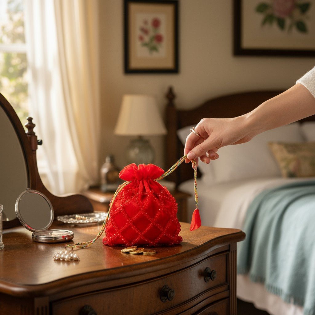 Ruby Radiance Crystal Potli Bag – Handcrafted Red Velvet Potli for Women - Prisello