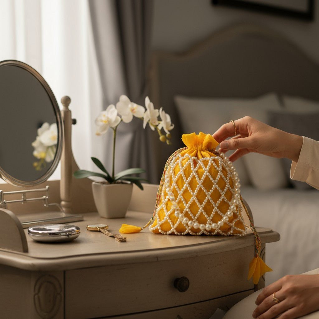 Sunshine Pearl Potli Bag – Handmade Yellow Designer Handbag for Women - Prisello