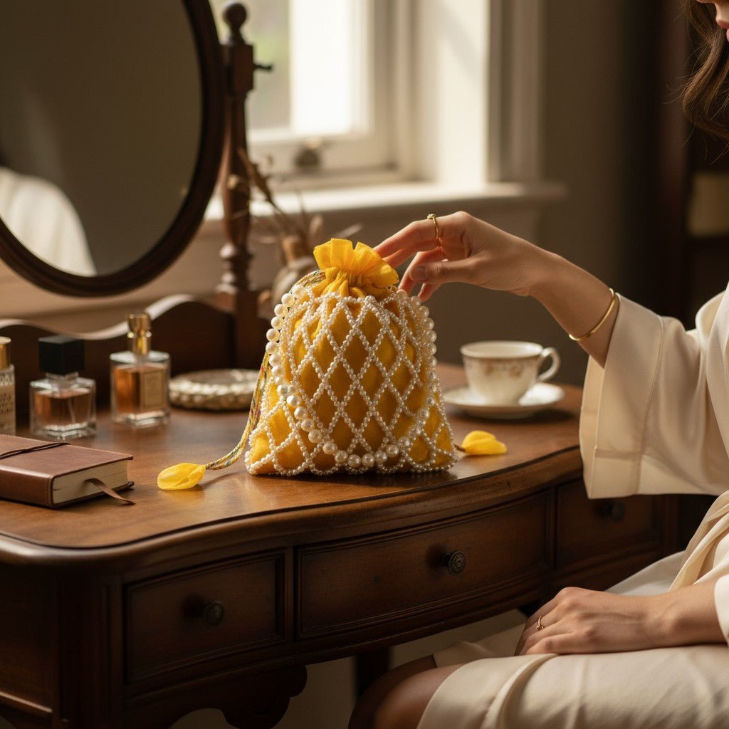 Sunshine Pearl Potli Bag – Handmade Yellow Designer Handbag for Women - Prisello