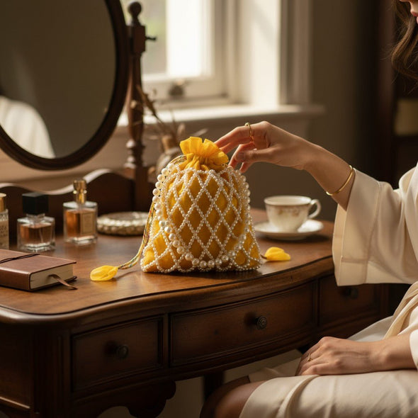 Sunshine Pearl Potli Bag – Handmade Yellow Designer Handbag for Women - Prisello