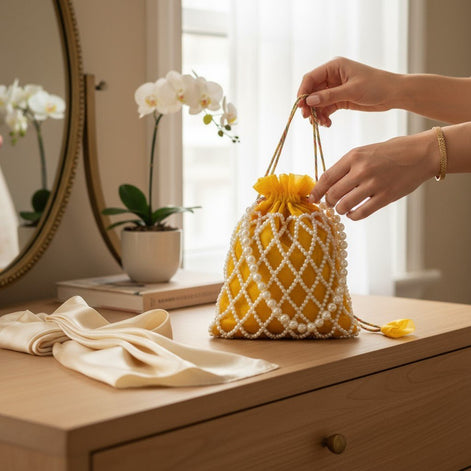 Sunshine Pearl Potli Bag – Handmade Yellow Designer Handbag for Women - Prisello