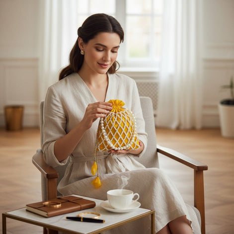 Sunshine Pearl Potli Bag – Handmade Yellow Designer Handbag for Women - Prisello