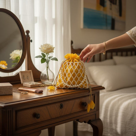 Sunshine Pearl Potli Bag – Handmade Yellow Designer Handbag for Women - Prisello