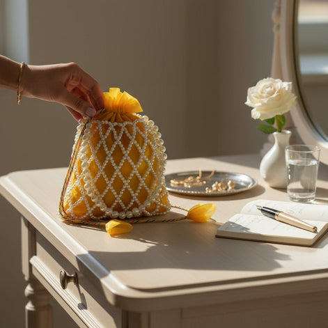 Sunshine Pearl Potli Bag – Handmade Yellow Designer Handbag for Women - Prisello