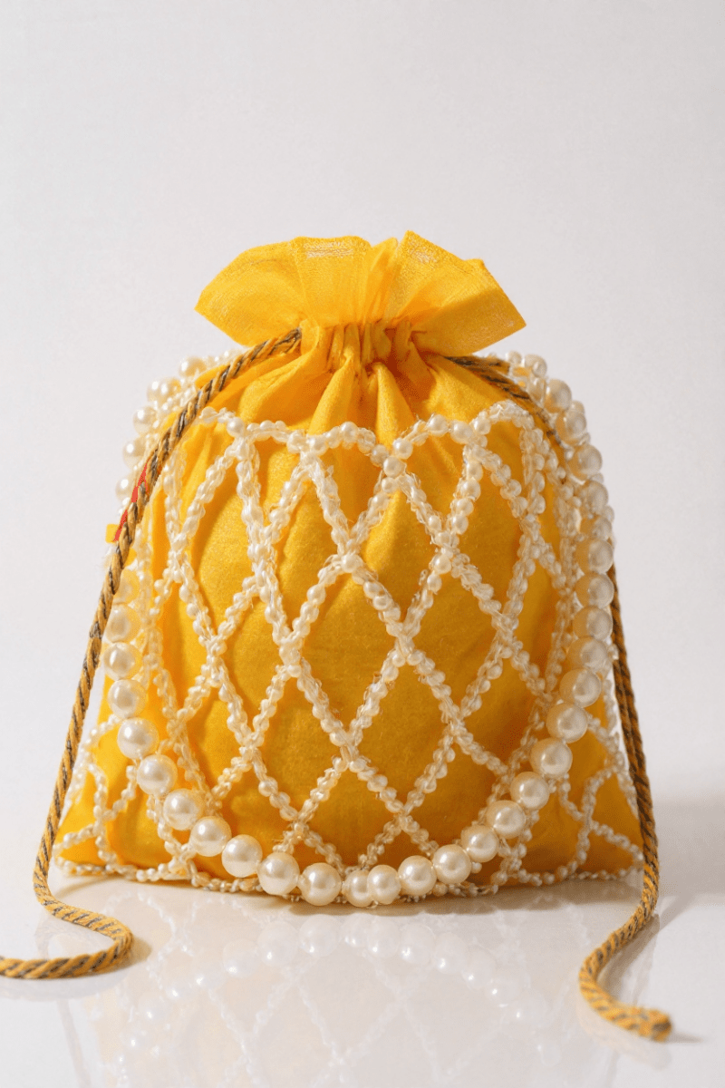 Sunshine Pearl Potli Bag – Handmade Yellow Designer Handbag for Women - Prisello