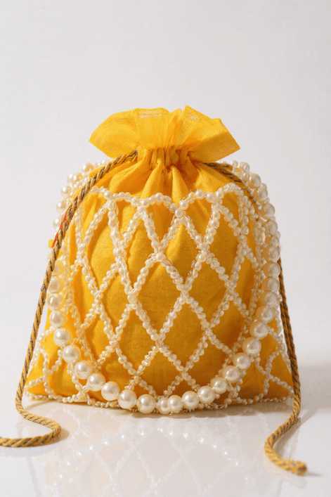 Sunshine Pearl Potli Bag – Handmade Yellow Designer Handbag for Women - Prisello