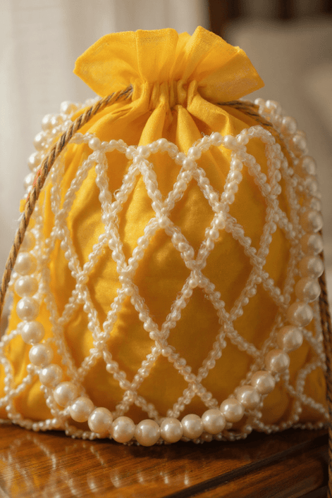 Sunshine Pearl Potli Bag – Handmade Yellow Designer Handbag for Women - Prisello