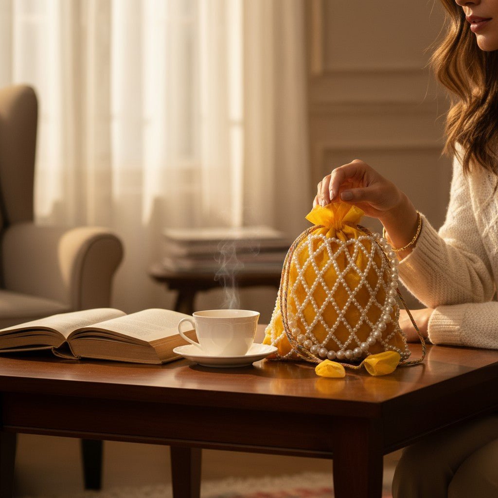 Sunshine Pearl Potli Bag – Handmade Yellow Designer Handbag for Women - Prisello