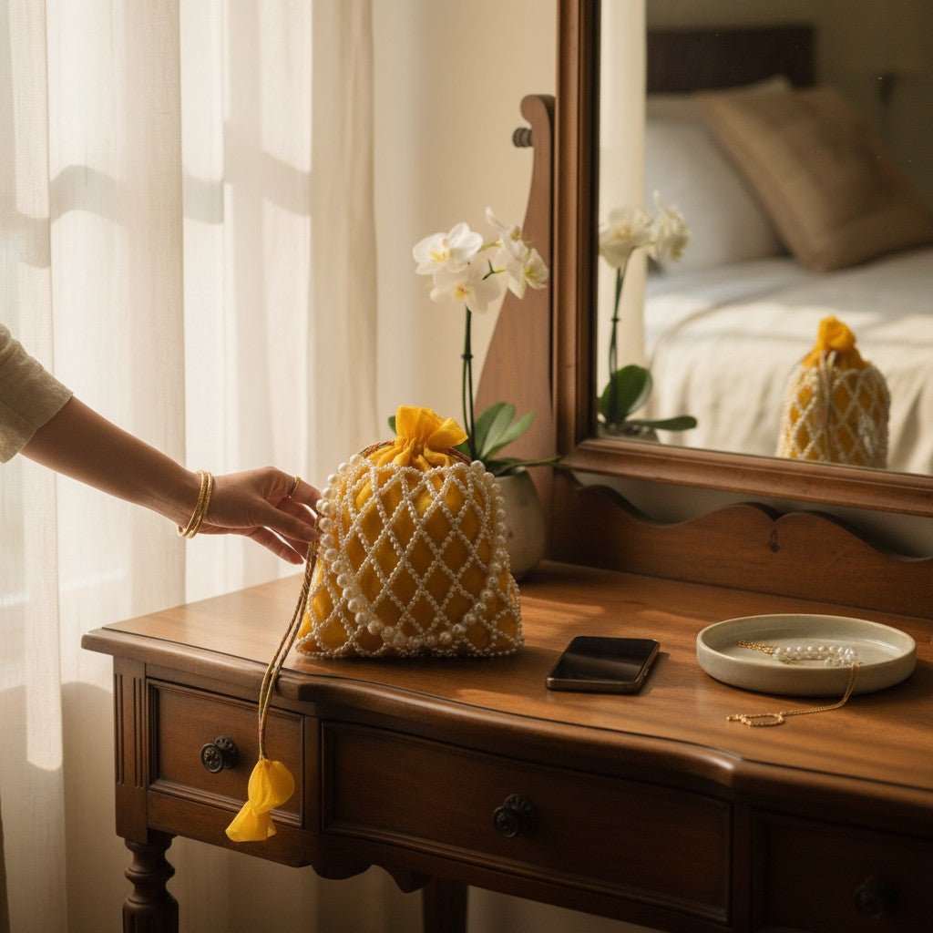 Sunshine Pearl Potli Bag – Handmade Yellow Designer Handbag for Women - Prisello